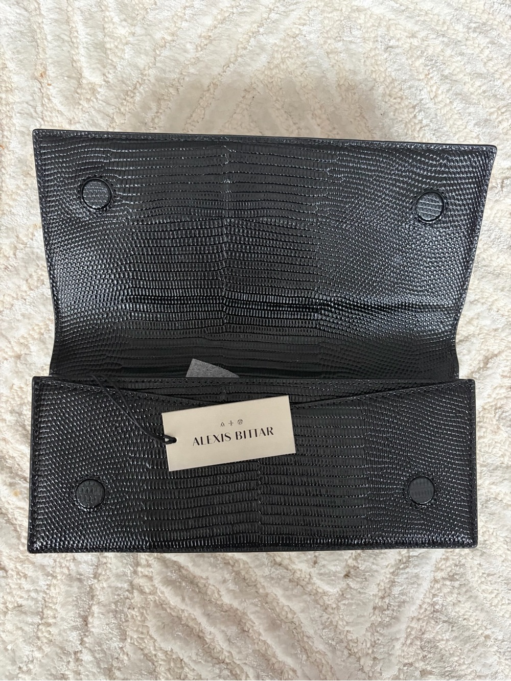 NWT Alexis Bittar Clutch | Black Lizard-Embossed Purse with Gold Metal Twist - Picture 6 of 17